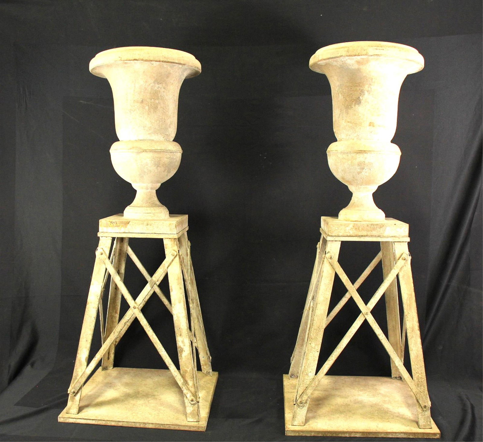 PAIR OF PAINTED TIN URN PLANTERS ON A STANDS: PAIR OF PAINTED TIN URN PLANTERS ON A STANDS. Height: 48 in. by Width: 19 in. by Depth: 19 in.