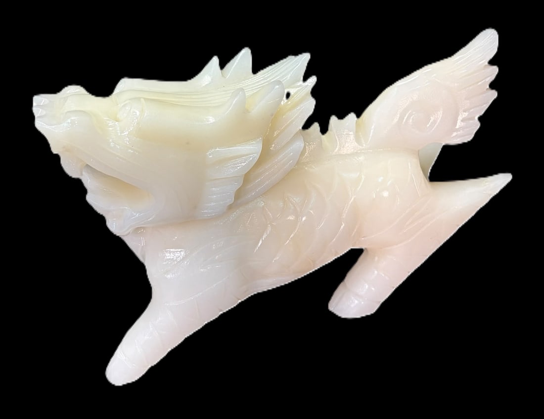 HEITAN JADE CHINESE CARVED DRAGON: HEITAN JADE CHINESE CARVED DRAGON. 5.6lbs. Height: 6 in. by Width: 9.5 in. by Depth: 3 in.