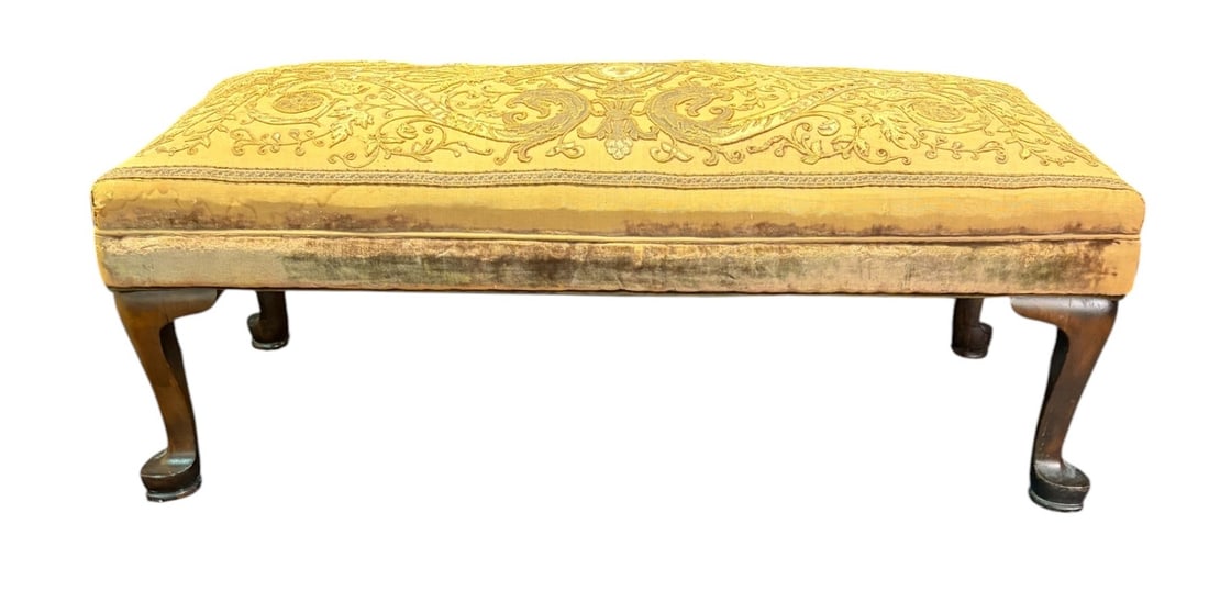 VINTAGE BENCH WITH OLD ANTIQUE FABRIC UPHOLSTERY: VINTAGE BENCH WITH OLD ANTIQUE FABRIC UPHOLSTERY. Height: 16 in. by Width: 44 in. by Depth: 18 in.