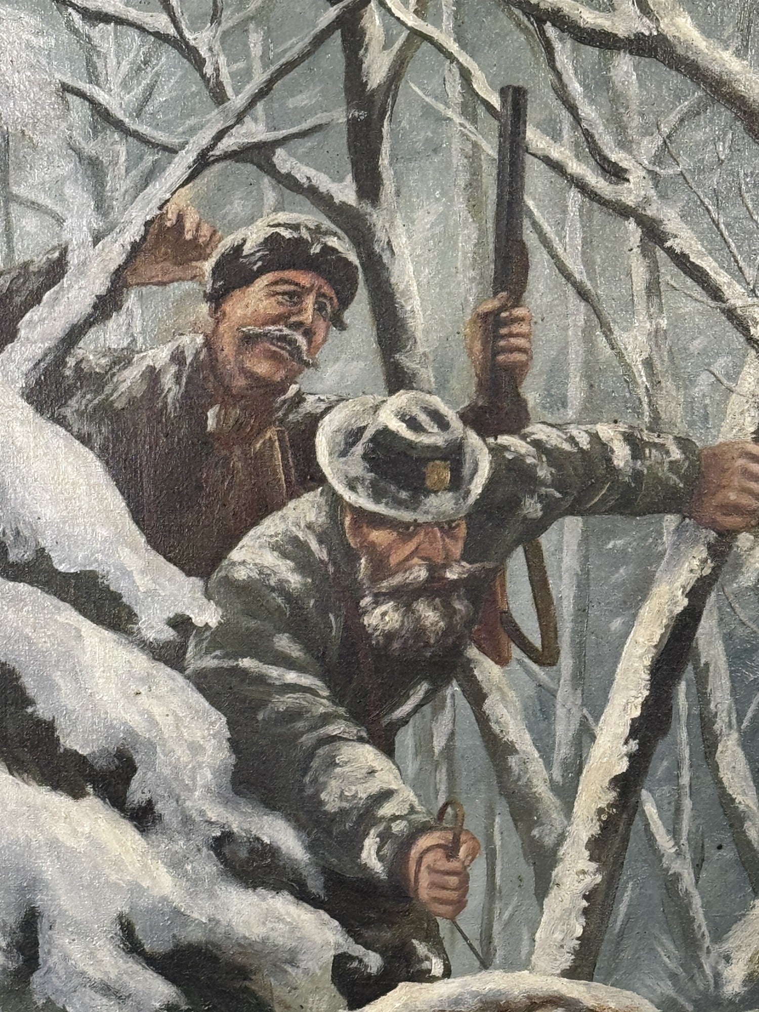 WINTER SCENE HUNTERS OIL ON CANVAS: WINTER SCENE HUNTERS OIL ON CANVAS. Height: 26 in. by Width: 21