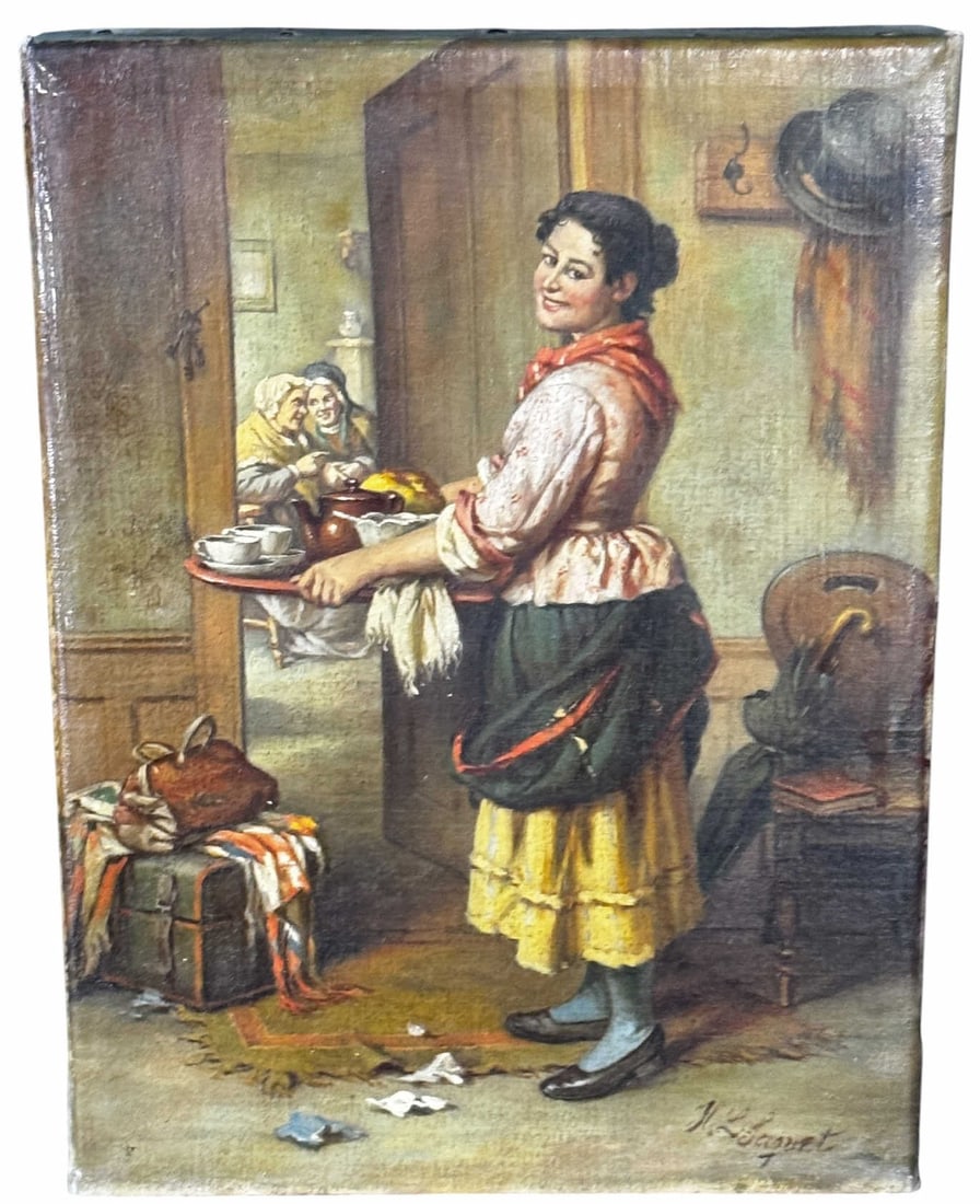 19TH C. OIL ON CANVAS OF A YOUNG GIRL SERVING TEA: 19TH C. OIL ON CANVAS OF A YOUNG GIRL SERVING TEA SIGNED LOWER RIGHT Height: 10 in. by Width: 7
