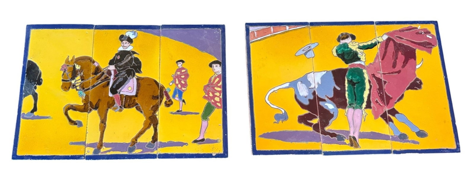 2 3 PIECE HAND PAINTED AND FIRED TILE SCENES: 2 3 PIECE HAND PAINTED AND FIRED TILE SCENES BULL FIGHT AND MAN ON A HORSE. Height: 11 in. by Width: 16