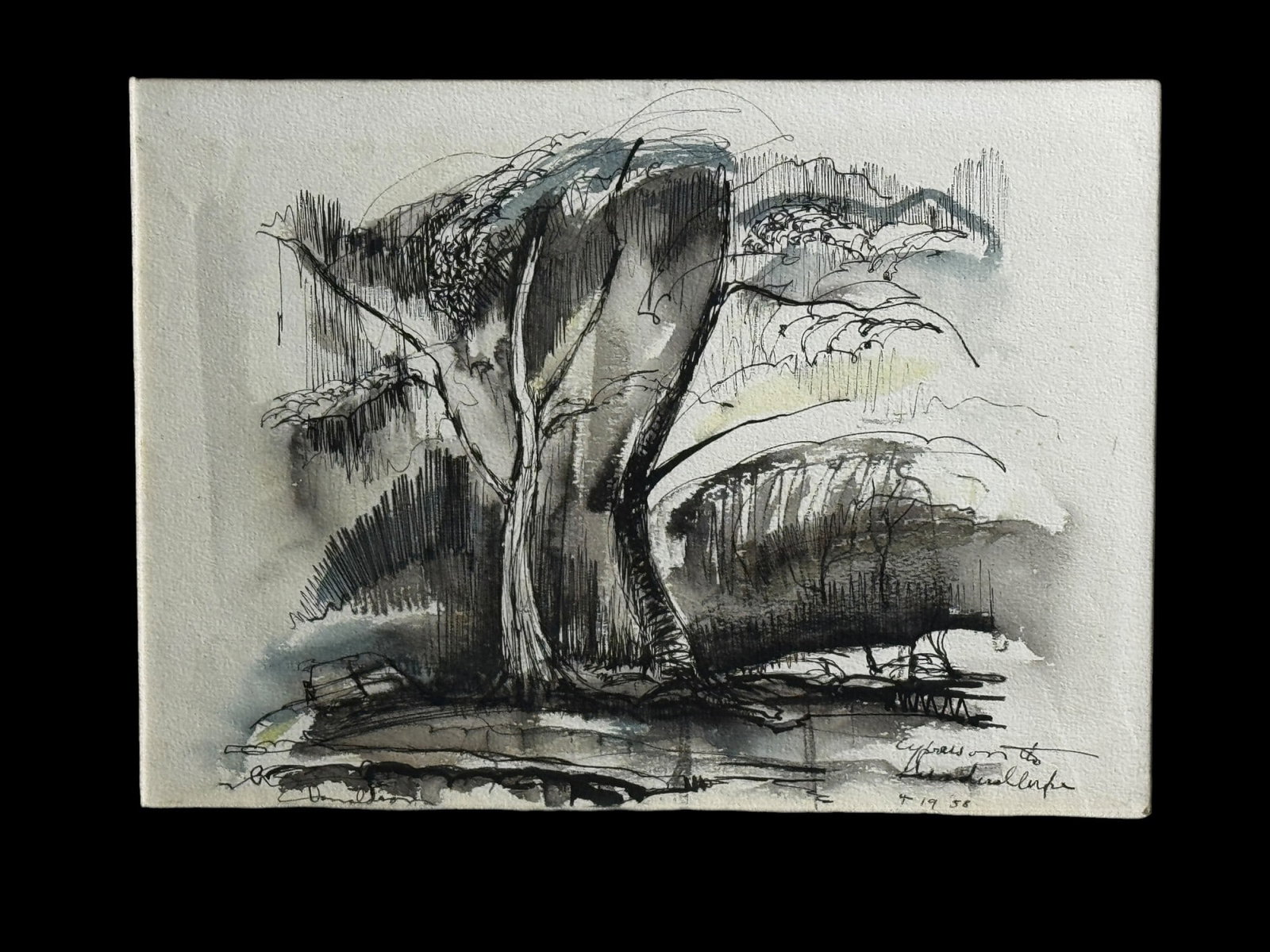 FRANKIE COUCH "CYPRESS ON GUADALUPE" WATERCOLOR: FRANKIE COUCH (TEXAS ARTIST) "CYPRESS ON THE GUADALUPE" WATERCOLOR, 1958. SIGNED LOWER RIGHT. Height: 22 in. by Width: 26