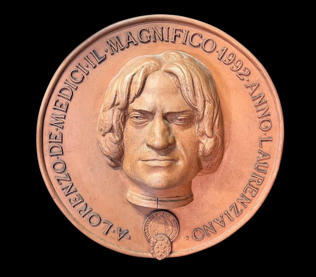 "A LORENZO DE MEDIA JE MAGNIFICO" TERRACOTTA ART: "A LORENZO DE MEDIA JE MAGNIFICO" TERRACOTTA MEDALLION, EDITION #125/300. Height: 4 in. by Width: 18.3 in. by Depth: 18.3 in.