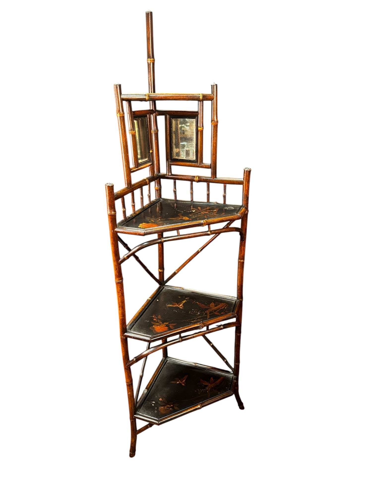 ANTIQUE BAMBOO CORNER SHELF WITH BLACK LAQUER: ANTIQUE BAMBOO CORNER SHELF WITH BLACK LAQUER JAPANING. Height: 64 in. by Width: 15