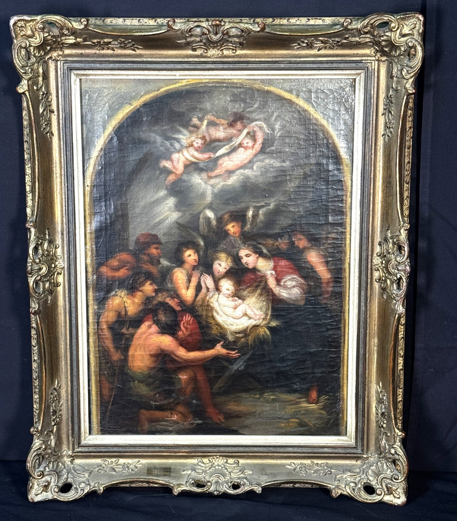 19TH C. OIL ON CANVAS ADORATION OF BABY JESUS: 19TH C. OIL ON CANVAS ADORATION OF BABY JESUS Height: 28 in. by Width: 21