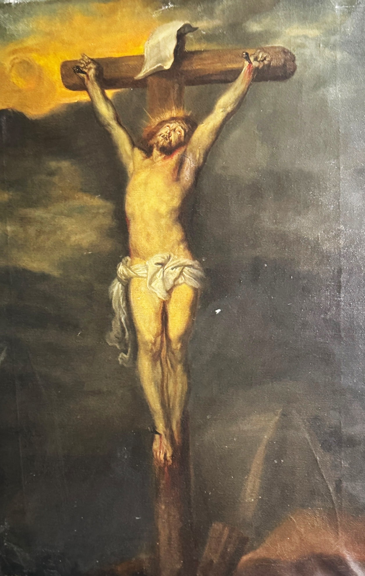 19TH C. CRUCIFIXION OIL ON CANVAS (1 of 2)