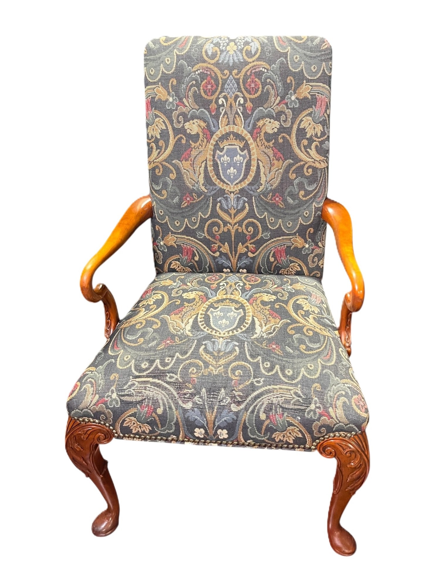 GEORGIAN STYLE ARMCHAIR IN TAPESTRY UPHOLSTERY: GEORGIAN STYLE ARMCHAIR IN TAPESTRY UPHOLSTERY. Height: 42 in. by Width: 25 in. by Depth: 28 in.