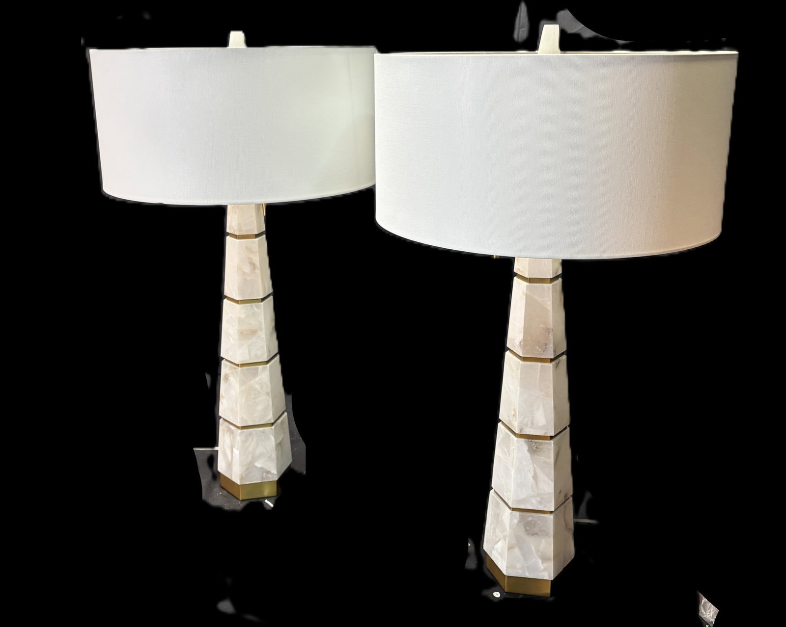 PAIR OF HEXAGON ALABASTER LAMPS WITH GOLD ACCENTS: PAIR OF HEXAGON ALABASTER LAMPS WITH GOLD ACCENTS. INCLUDES SHADES Height: 34 in. by Width: 7 in. by Depth: 7 in.