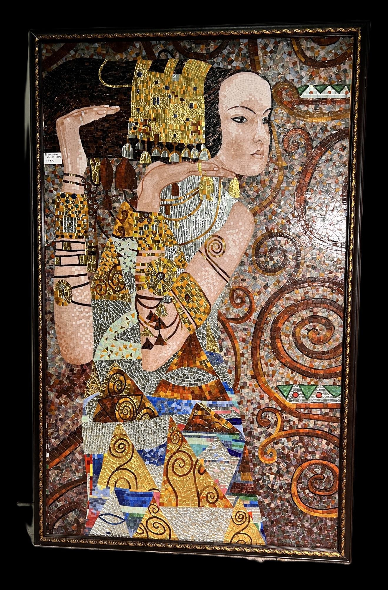 GUSTAV KLIMT INSPIRED CLEO TILED GLASS MOSIAC: GUSTAV KLIMT INSPIRED CLEO TILED GLASS MOSIAC. Height: 97 in. by Width: 62 in. by Depth: 3 in.