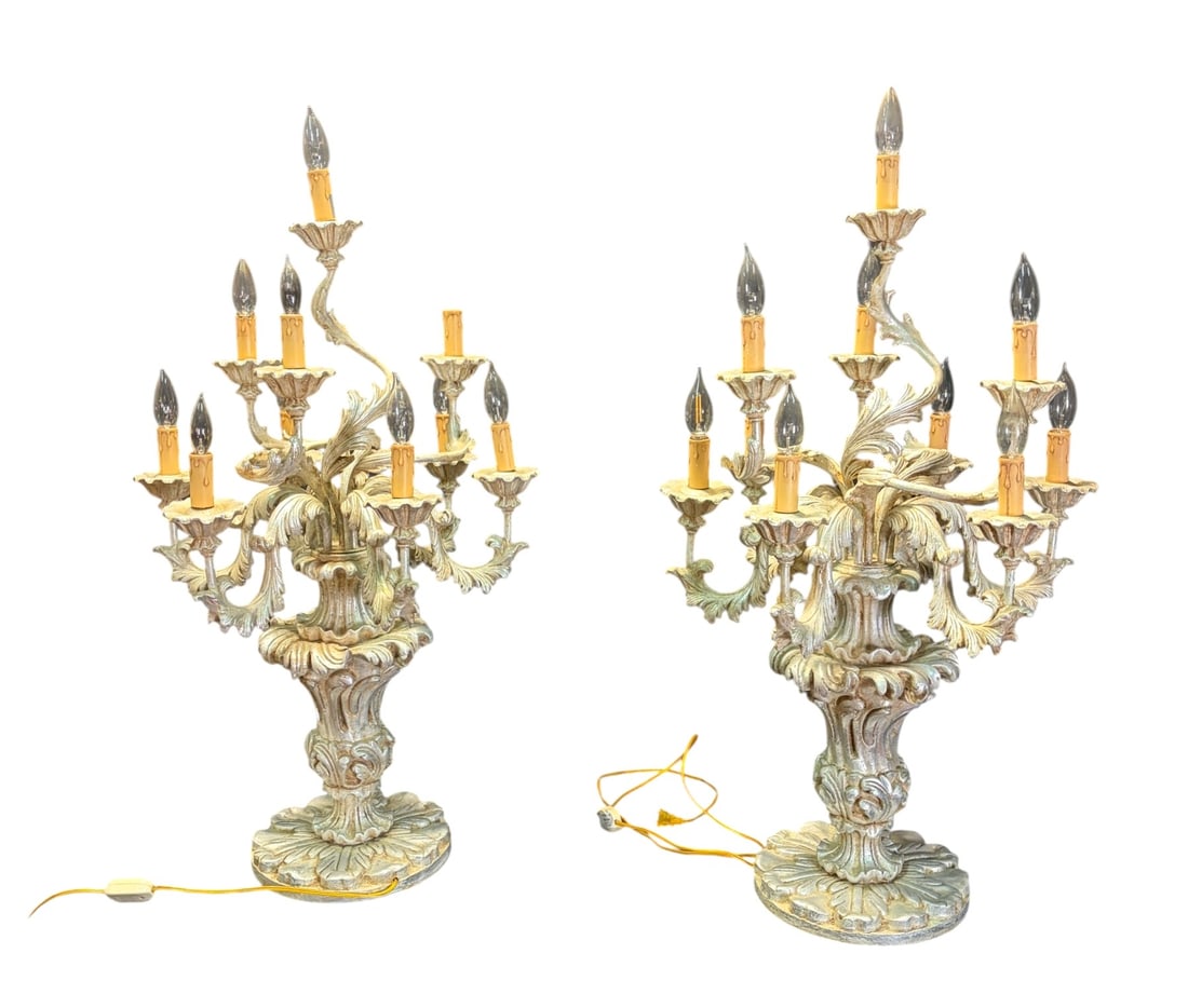 PAIR ITALIAN CARVED SILVER GILT CANDELABRA LAMPS (1 of 6)