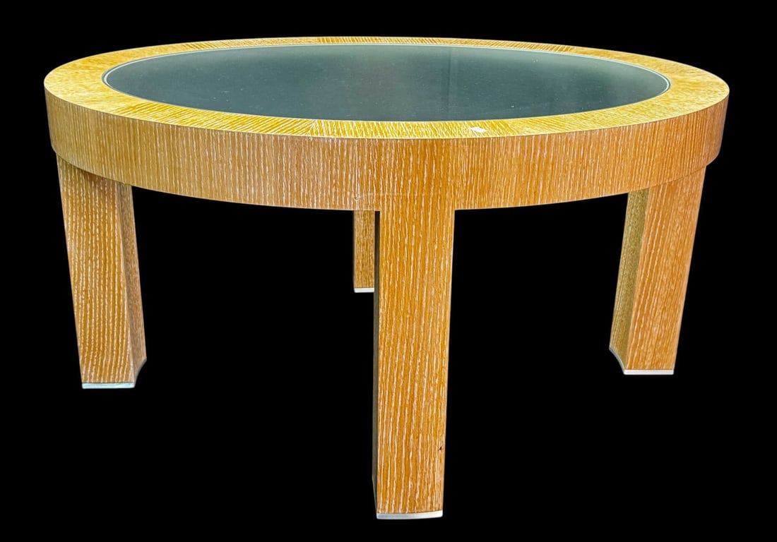 PICKLED OAK COFFEE TABLE WITH OPAQUE GLASS: PICKLED OAK COFFEE TABLE WITH OPAQUE GLASS Height: 18 in. by Width: 40 in. by Depth: 28