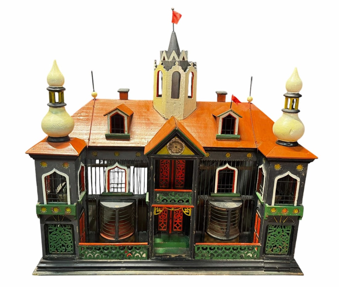 VERY FINE PAINTED RUSSIAN STYLE BIRDCAGE: VERY FINE PAINTED RUSSIAN STYLE BIRDCAGE. Height: 32 in. by Width: 33 in. by Depth: 17 in.