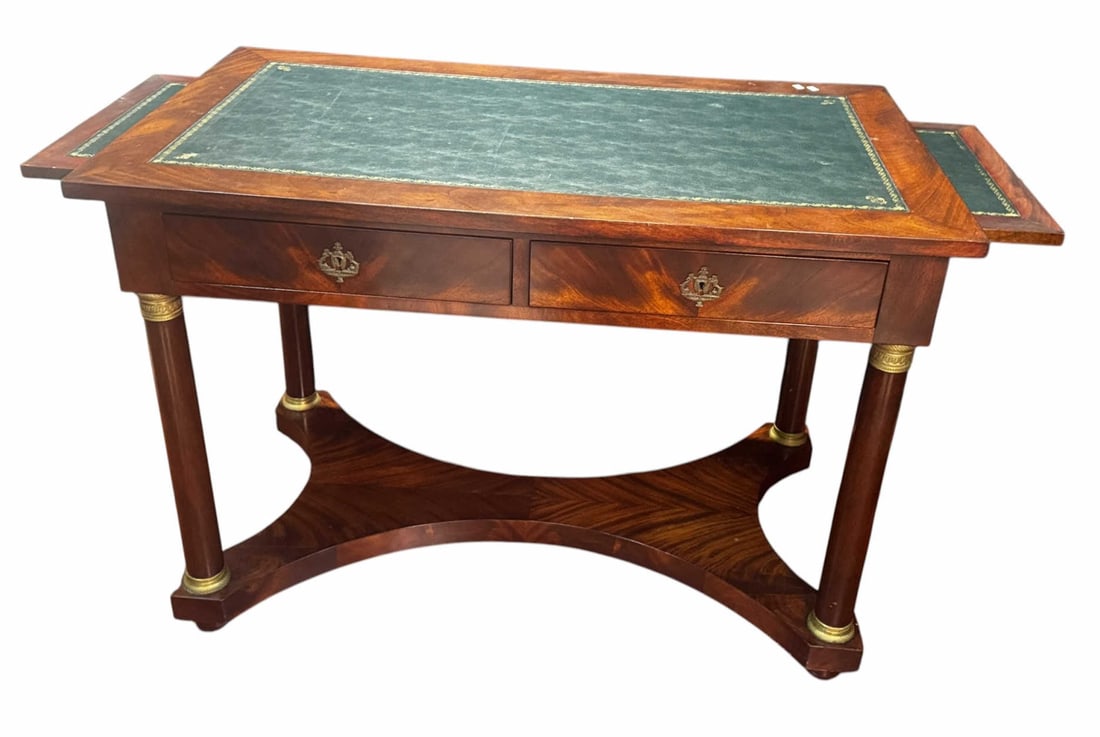 ANTIQUE EMPIRE DESK WITH LEATHER TOP: ANTIQUE EMPIRE DESK WITH LEATHER TOP. PULL OUT SLIDES AND GILT BRONZE MOUNTS Height: 30.5 in. by Width: 44 in. by Depth: 25 in.