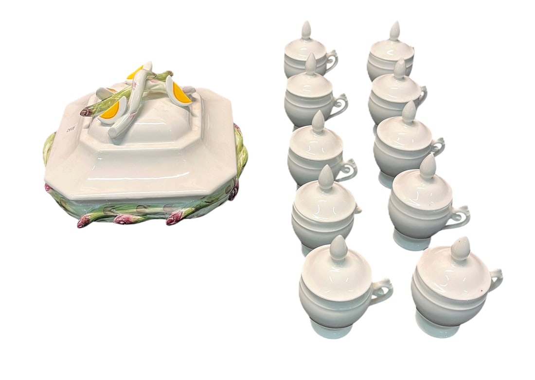 NEMAIN MARCUS DISH, 10 ANTIQUE FRENCH JARS: NEMAIN MARCUS DISH, 10 ANTIQUE FRENCH PORCELAIN JARS. Height: 5 in. by Width: 8.5 in. by Depth: 8.5 in.