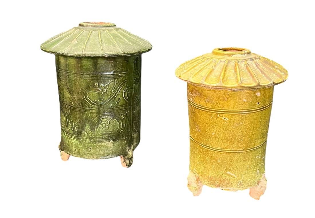 TWO 17th CENTURY CHINESE MING DYNASTY GRANARIES: TWO 17th CENTURY CHINESE MING DYNASTY TERRACOTTA GRANARIES. Height: 11 in. by Width: 9 in. by Depth: 9 in.