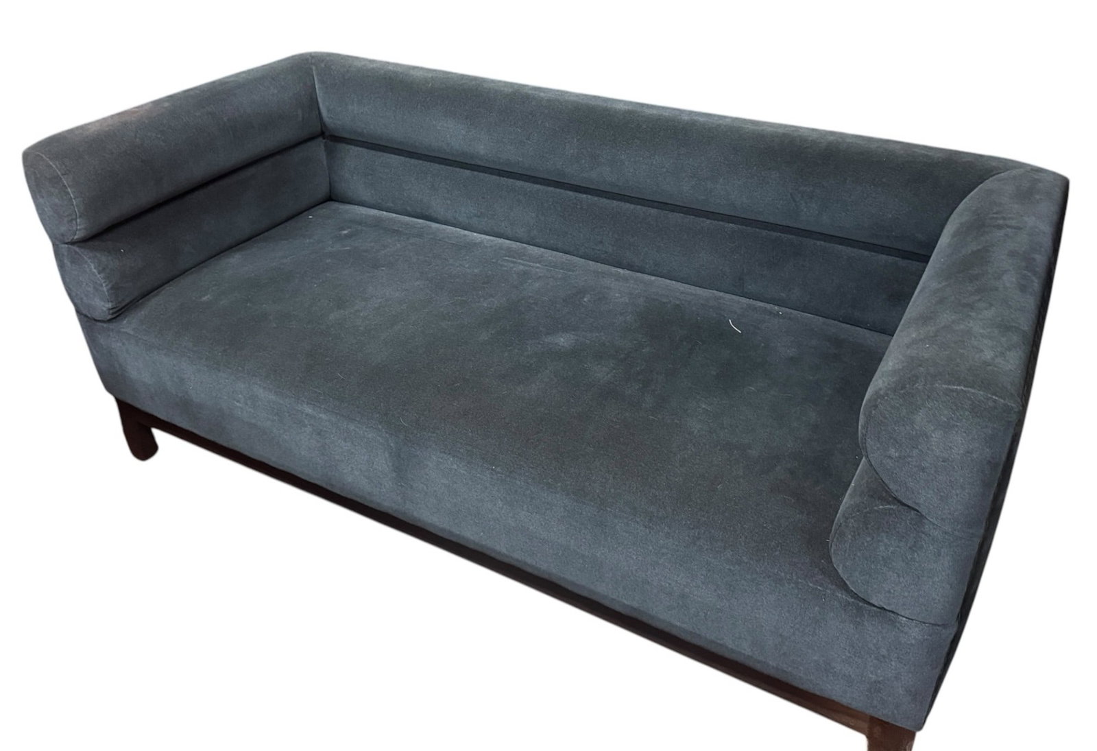 CONTEMPORARY BLUE SOFA WITH ROLLED ARMS: CONTEMPORARY BLUE SOFA WITH ROLLED ARMS.