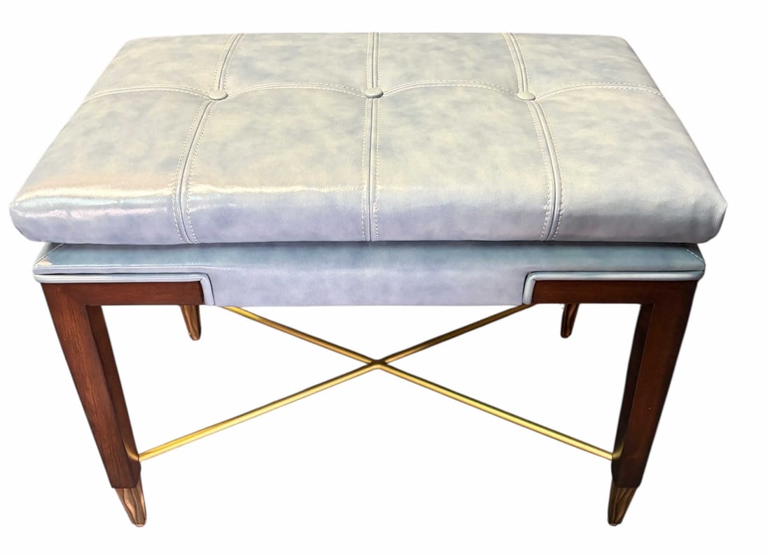 BLUE LEATHER TUFTED WOODEN BENCH: BLUE LEATHER TUFTED WOODEN BENCH. Height: 19 in. by Width: 25 in. by Depth: 15 in.