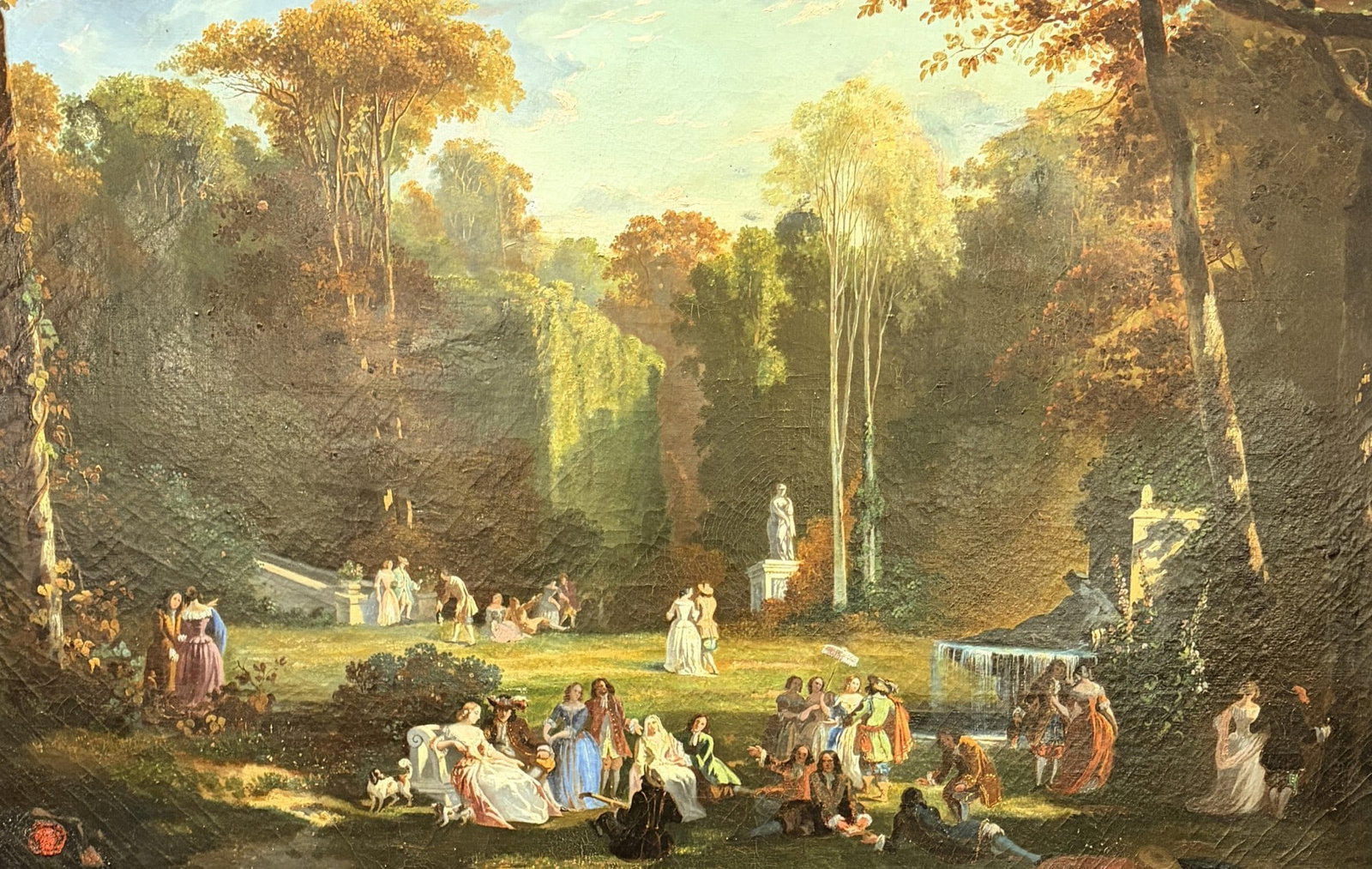 19TH C FRENCH PARK SCENE OIL ON CANVAS (1 of 5)