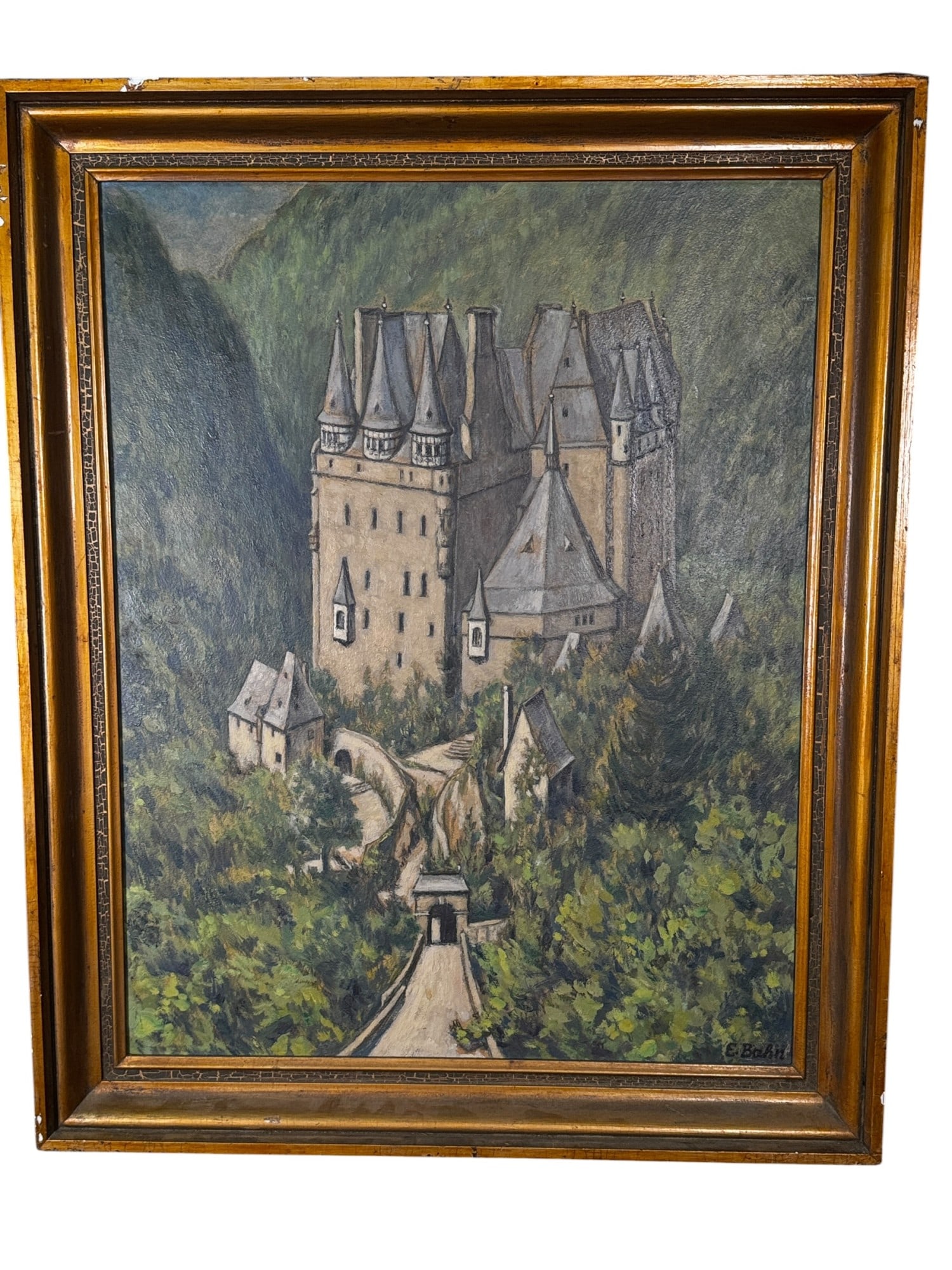 ERNST BAHN CASTLE SCENE OIL ON PANEL PAINTING (1 of 3)