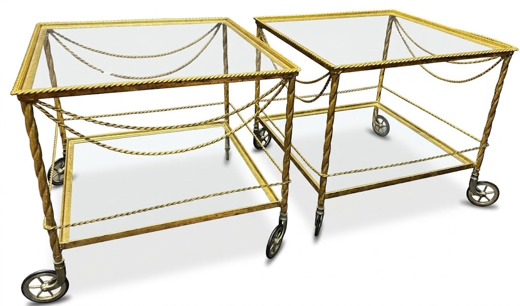 PAIR OF CONTEMPORARY BRASS & GLASS END TABLES: PAIR OF CONTEMPORARY BRASS & GLASS END TABLES WITH TWO TIERS. Height: 16 in. by Width: 18