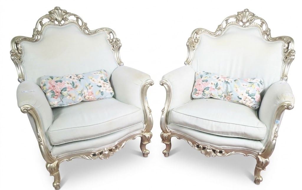 PAIR OF SILVER GILT FRENCH ROCOCO ARMCHAIRS: PAIR OF SILVER GILT FRENCH ROCOCO ARMCHAIRS. Height: 41 in. by Width: 35 in. by Depth: 33 in.