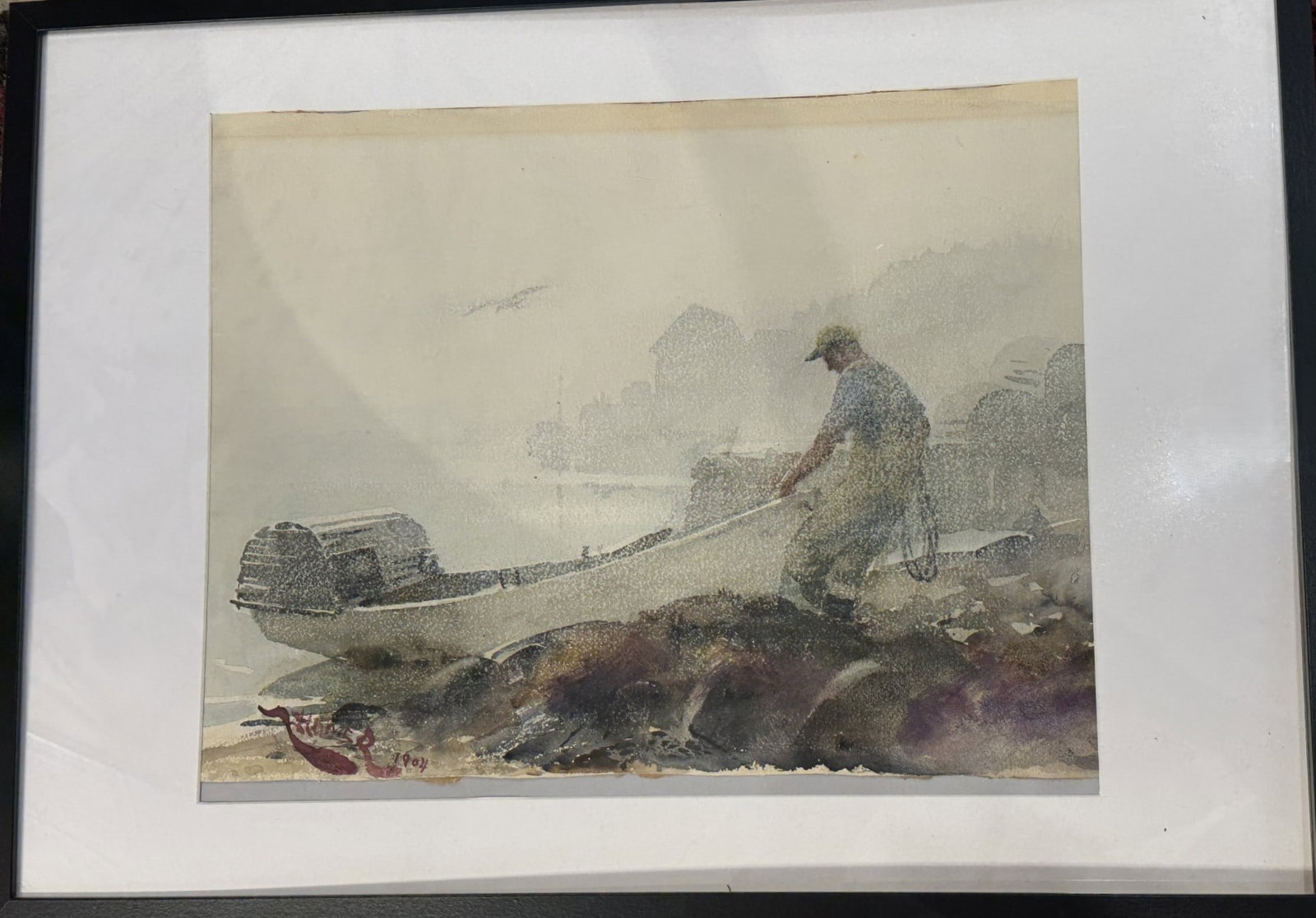 WINSLOW HOMER "INTO THE FOG" WATERCOLOR, 1904: WINSLOW HOMER "INTO THE FOG" WATERCOLOR, 1904 , MAN PULLING A BOAT TO SHORE. THIS COMES WITH RECEIPTS FROM HOMER TO THE GALLERY AND THE GALLERY RECEIPT TO THE PURCHASER. Height: 20 in. by Width: 24