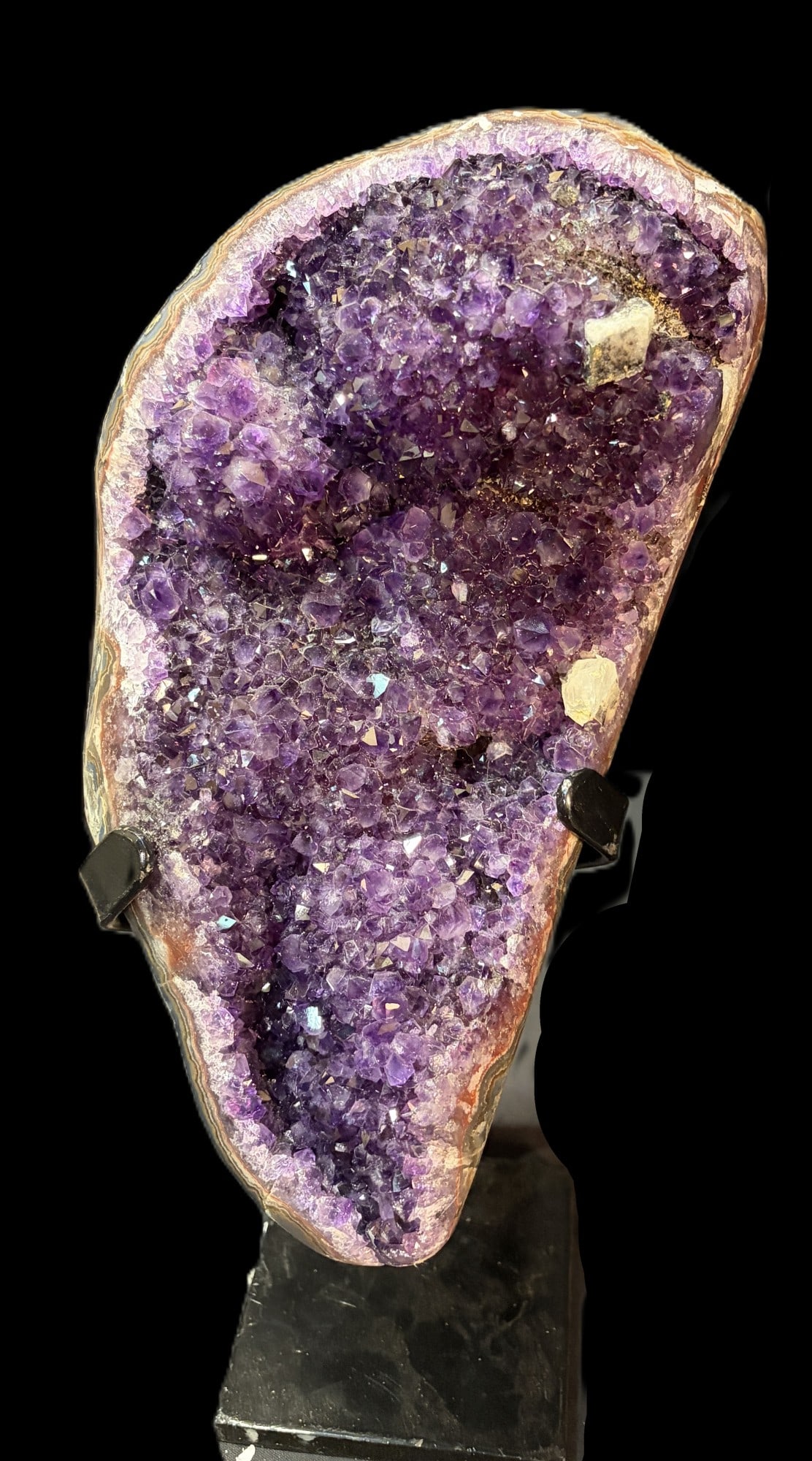 AMETHYST ON METAL STAND: AMETHYST ON METAL STAND. 14.6 lbs. Height: 13.5 in. by Width: 7.5 in. by Depth: 4.5 in.