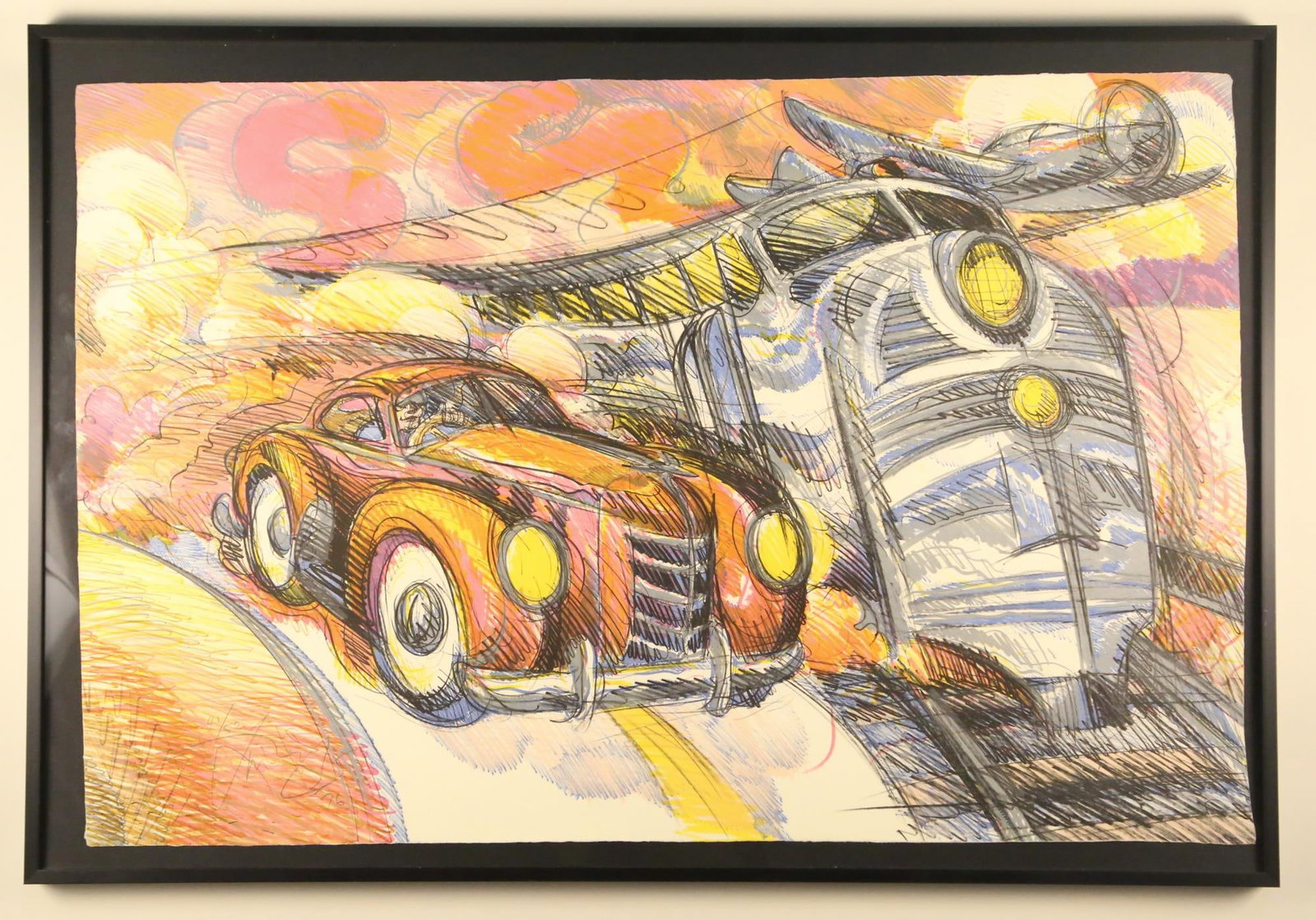 LUIS JIMENEZ "PLANE, TRAIN, AUTO" LITHO #40/50,: LUIS JIMENEZ "PLANE, TRAIN, AUTOMOBILE" SIGNED LITHOGRAPH, EDITION NUMBER 40/50, 1976. Height: 27 & 23 1/2 IN in. by Width: 38 & 36 IN