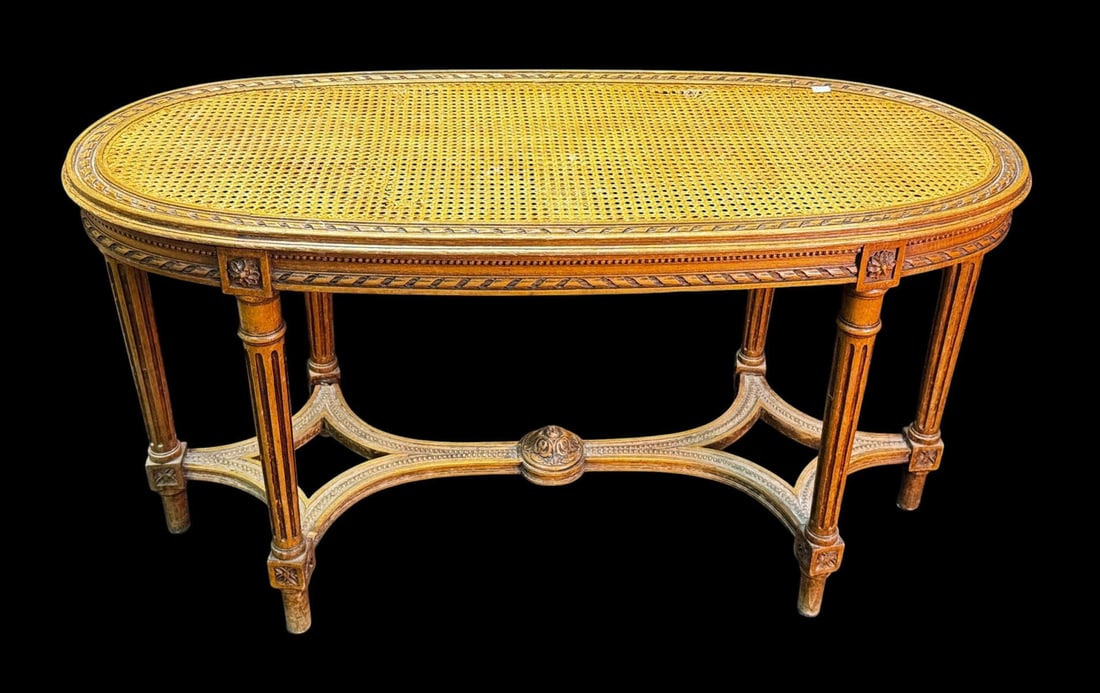 FRENCH OVAL LOUIS XVI CANE BENCH: FRENCH OVAL LOUIS XVI CANE BENCH