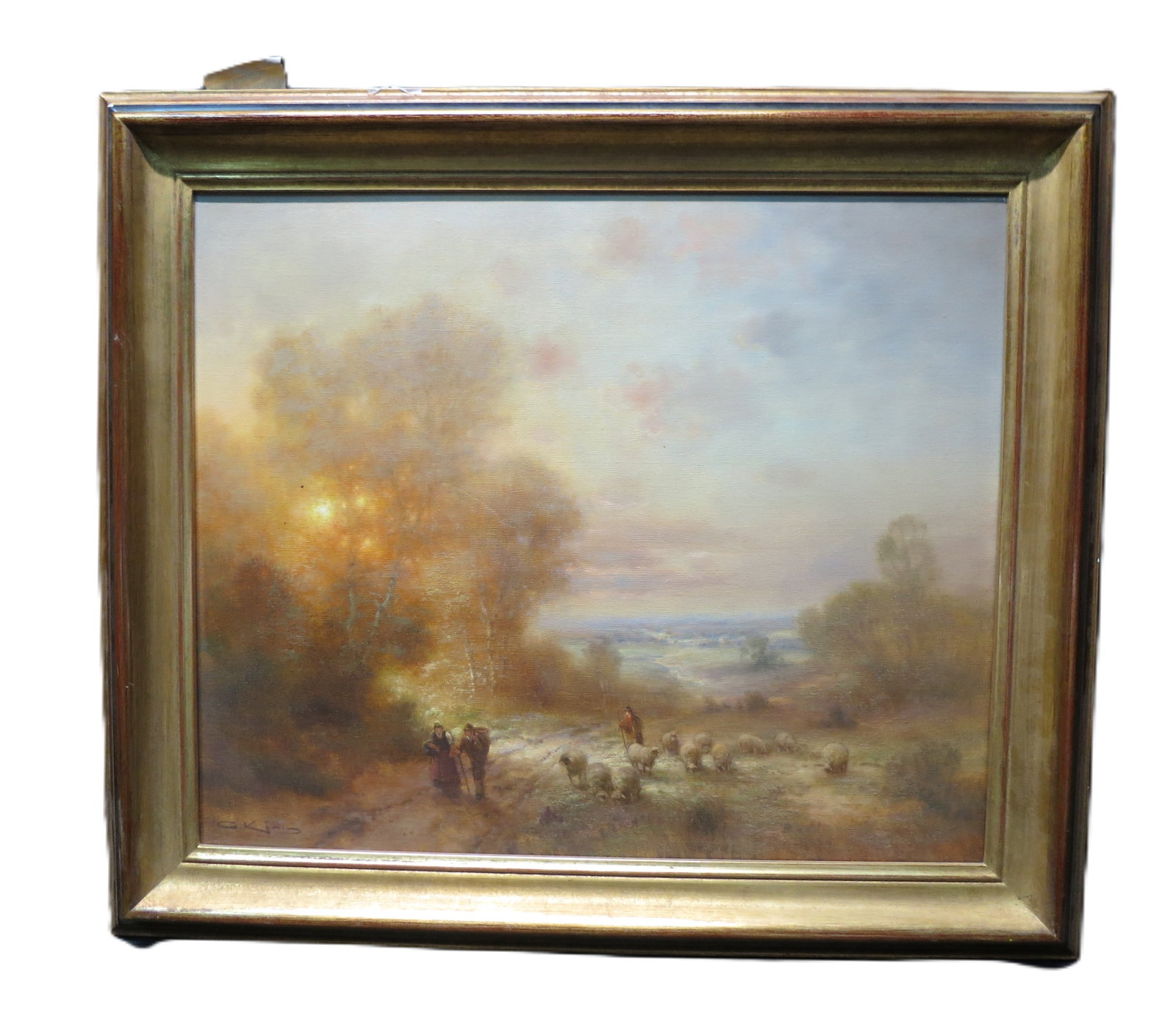 GUNTER KONIG (GERMAN 1926-2007) "SCHAFE IM ABEND-LICHT" OIL ON CANVAS PAINTING IN GILDED FRAME.: GUNTER KONIG (GERMAN 1926-2007) "SCHAFE IM ABEND-LICHT" OIL ON CANVAS PAINTING IN GILDED FRAME. Height: 25 & 20 in. by Width: 29 & 24 in. by Depth: 2 in.