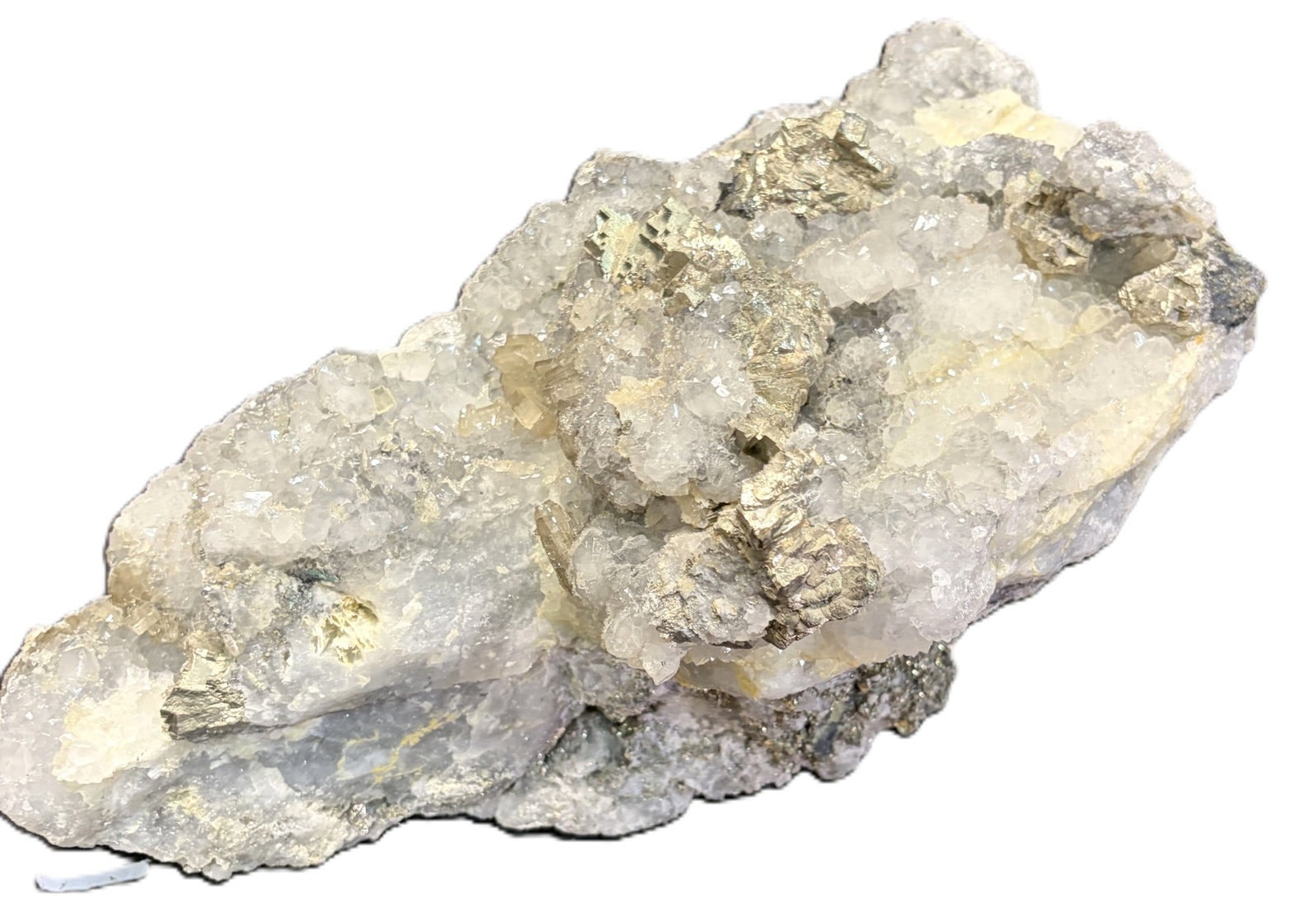 NATURAL PYRITE AND QUARTZ QUARTZ SPECIMAN: NATURAL PYRITE AND QUARTZ QUARTZ SPECIMAN. 11.2kg. Height: 7 in. by Width: 15 in. by Depth: 8 in.