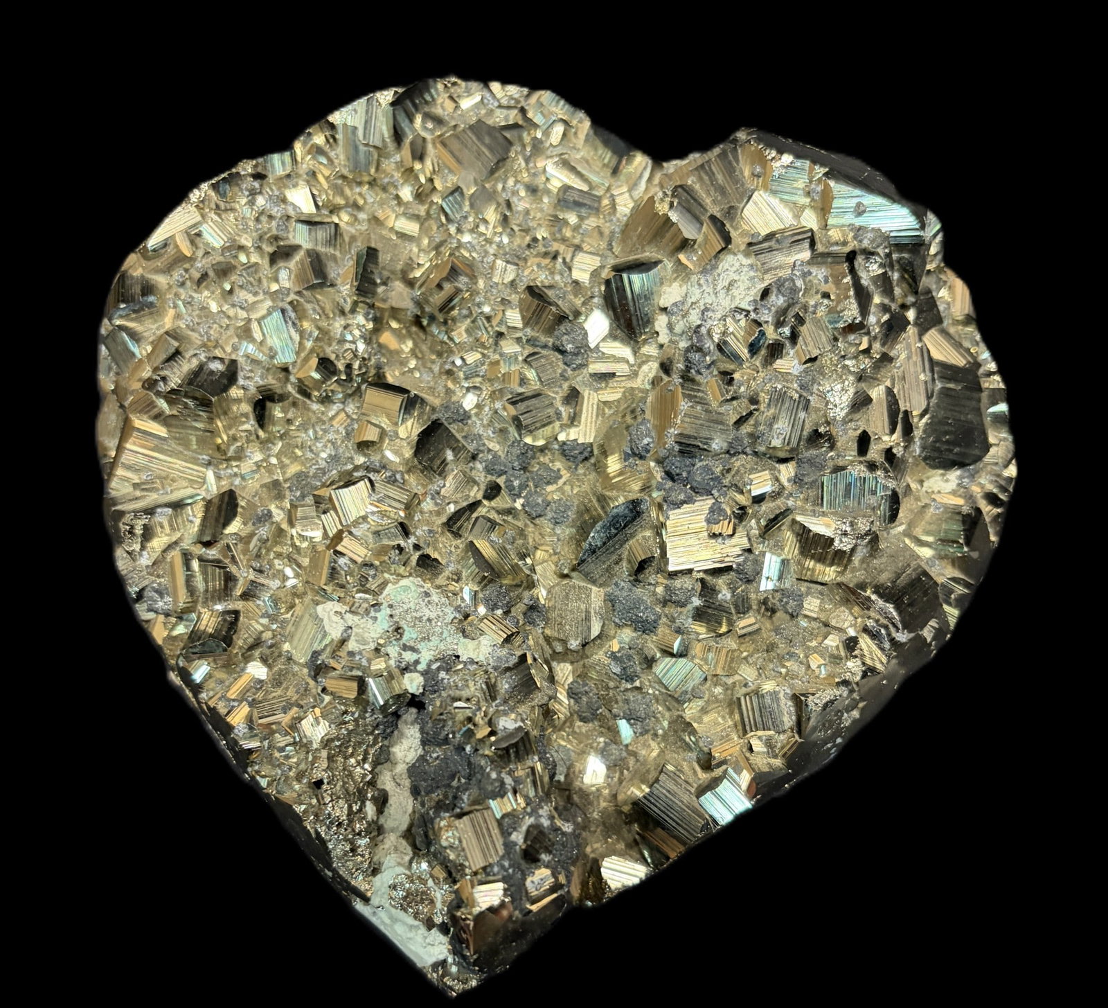 HEART SHAPED PYRITE: HEART SHAPED PYRITE. 4.18kg. Height: 3.5 in. by Width: 6.5 in. by Depth: 6 in.