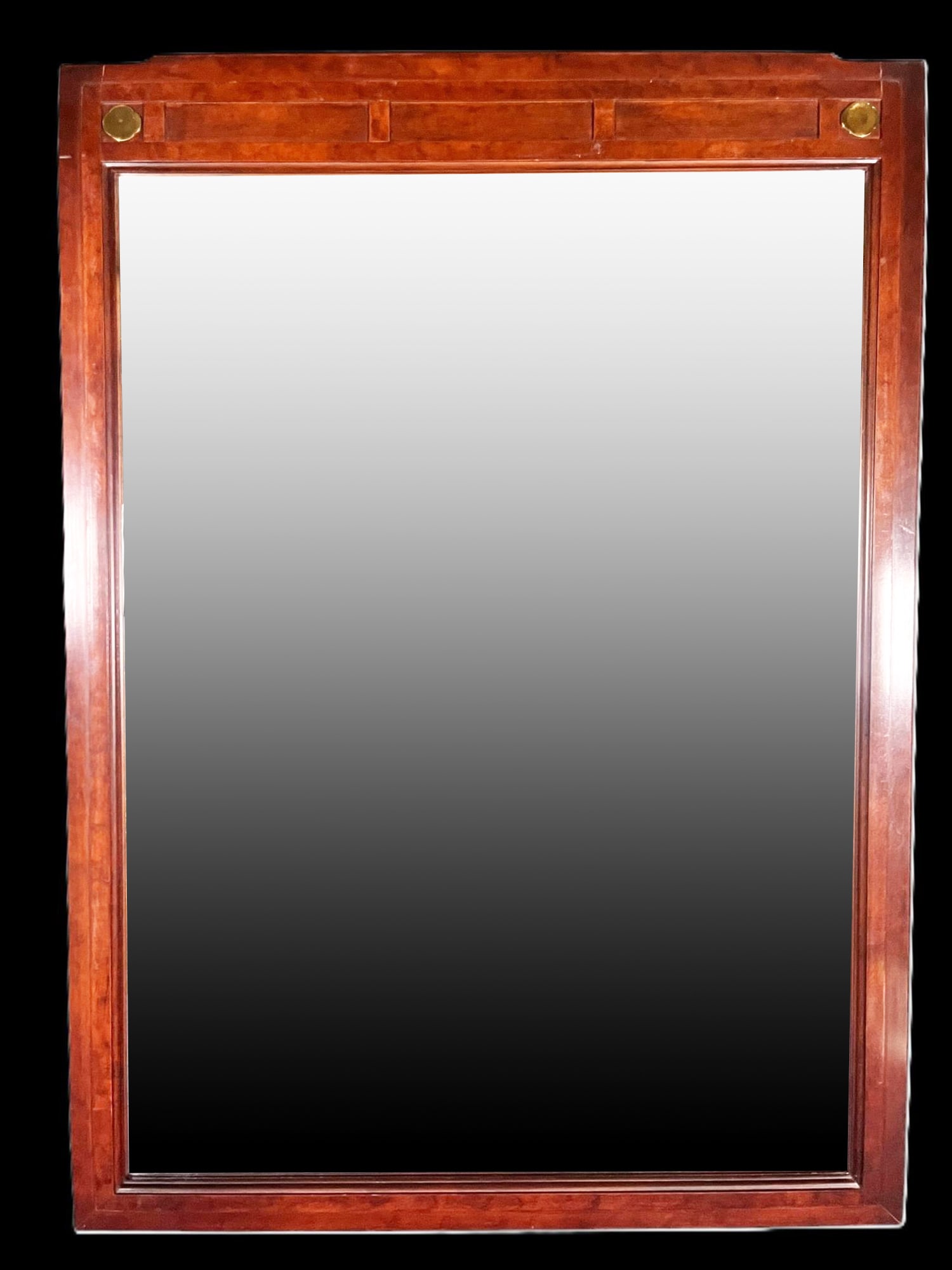EMPIRE STYLE WOOD FRAMED MIRROR: EMPIRE STYLE WOOD FRAMED MIRROR WITH BRASS ACCENTS. Height: 46.5 in. by Width: 31.5 in.
