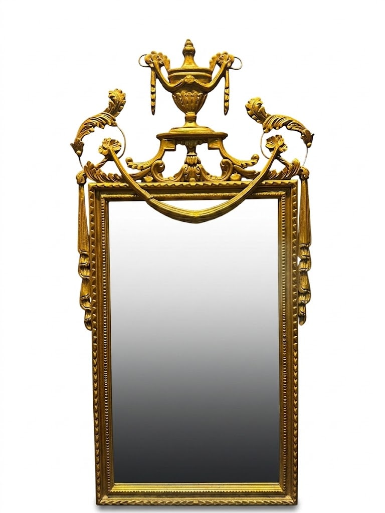 FANCY CARVED MIRROR WITH SWAGS: FANCY CARVED MIRROR WITH SWAGS. Height: 46 in. by Width: 24 in.
