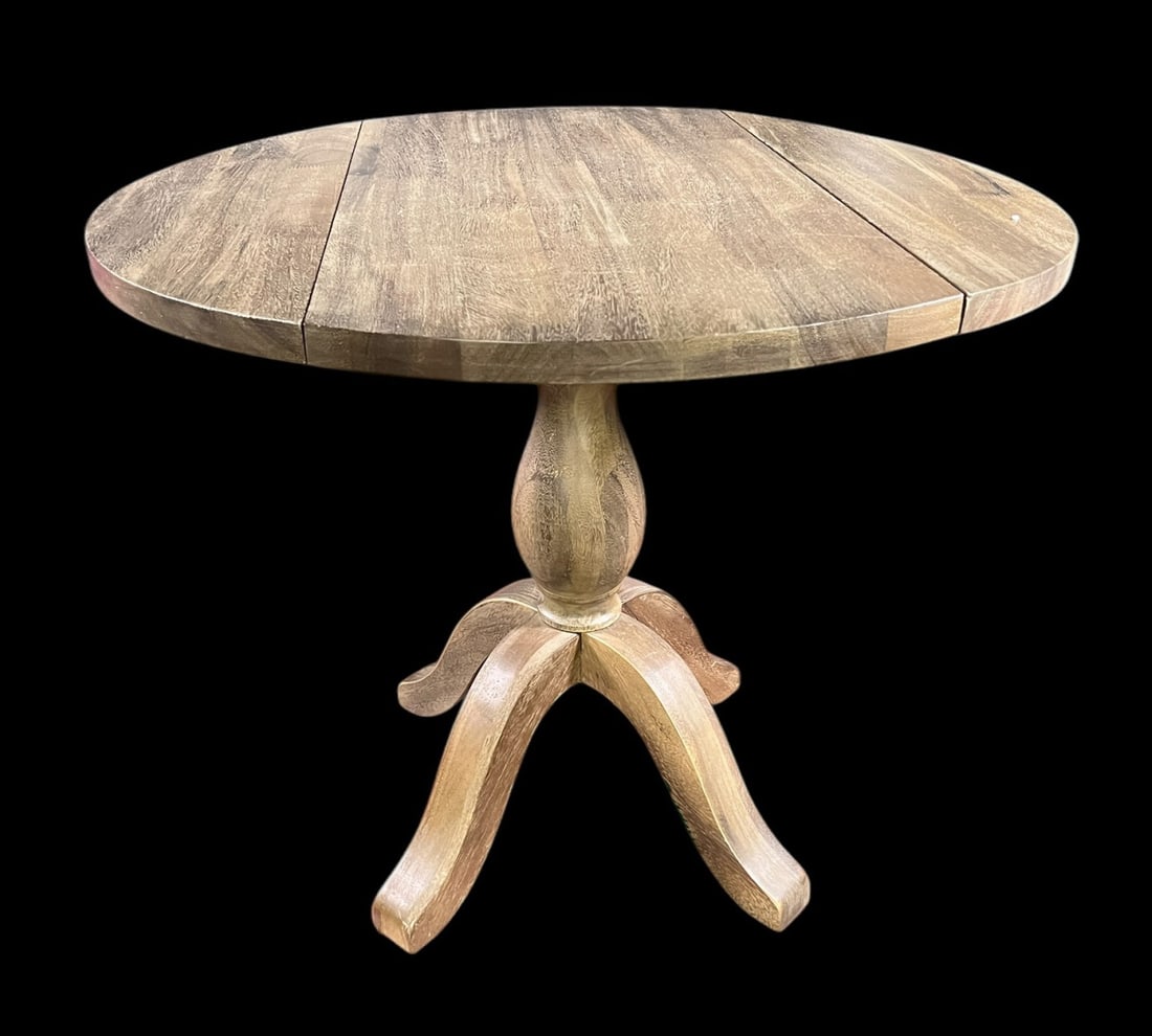 ROUND WEATHERED GRAY WOOD DROP LEAF TABLE: ROUND WEATHERED GRAY WOOD DROP LEAF TABLE. Height: 30 in. by Width: 36 in. by Depth: 36 in.