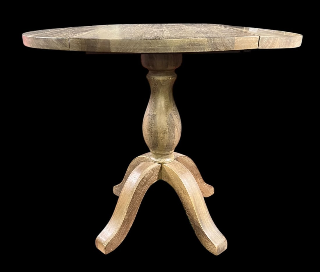 ROUND WEATHERED GRAY WOOD DROP LEAF TABLE - 2