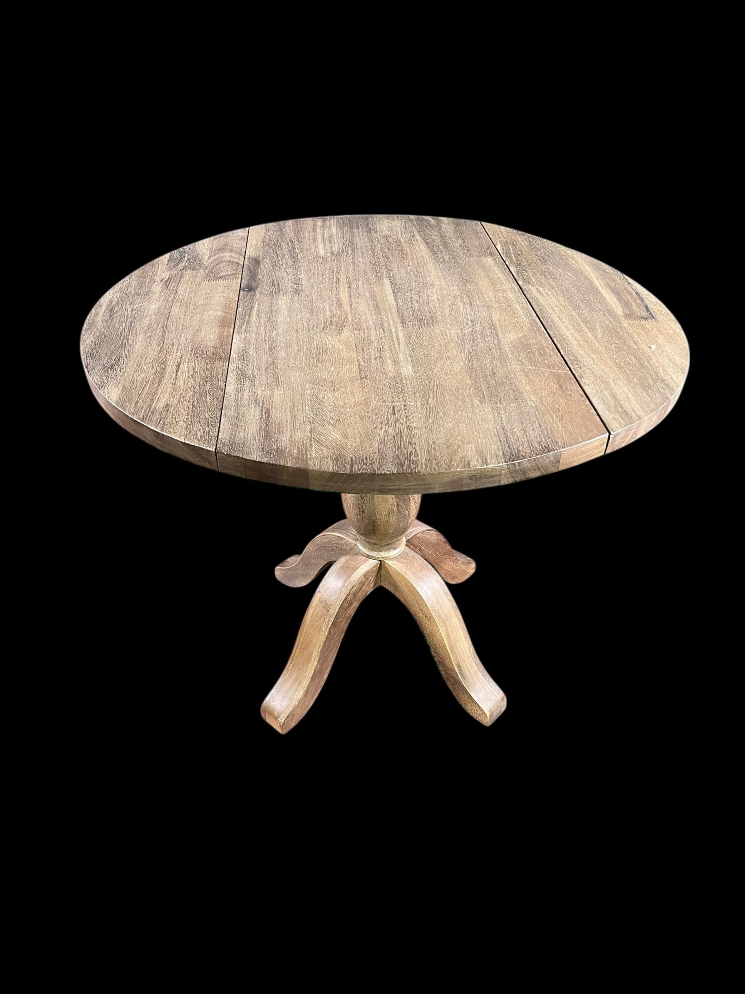 ROUND WEATHERED GRAY WOOD DROP LEAF TABLE - 6