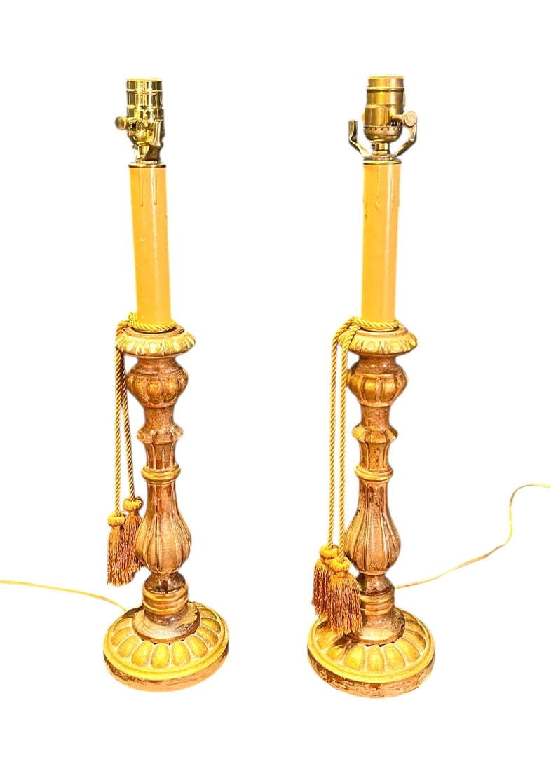 ANTIQUE VINTAGE GILDED CANDLESTICK LAMPS: ANTIQUE VINTAGE GILDED CANDLESTICK LAMPS. Height: 24 in. by Width: 6 in. by Depth: 6 in.