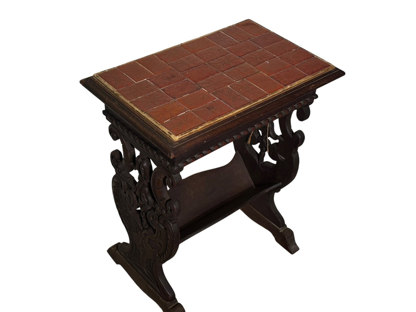 TILED TOP MAGAZINE OR BOOK TABLE: TILED TOP MAGAZINE OR BOOK TABLE. Height: 25 in. by Width: 21 in. by Depth: 14 in.