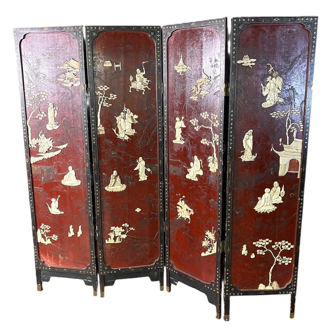19th CENTURY CHINESE FOUR-PANEL SCREEN: 19th CENTURY CHINESE FOUR-PANEL SCREEN. PROVENANCE: FROM THE ESTATE OF JACKSON HICKS. Height: 71.5 in. by Width: 18 in. by Depth: 4 in.