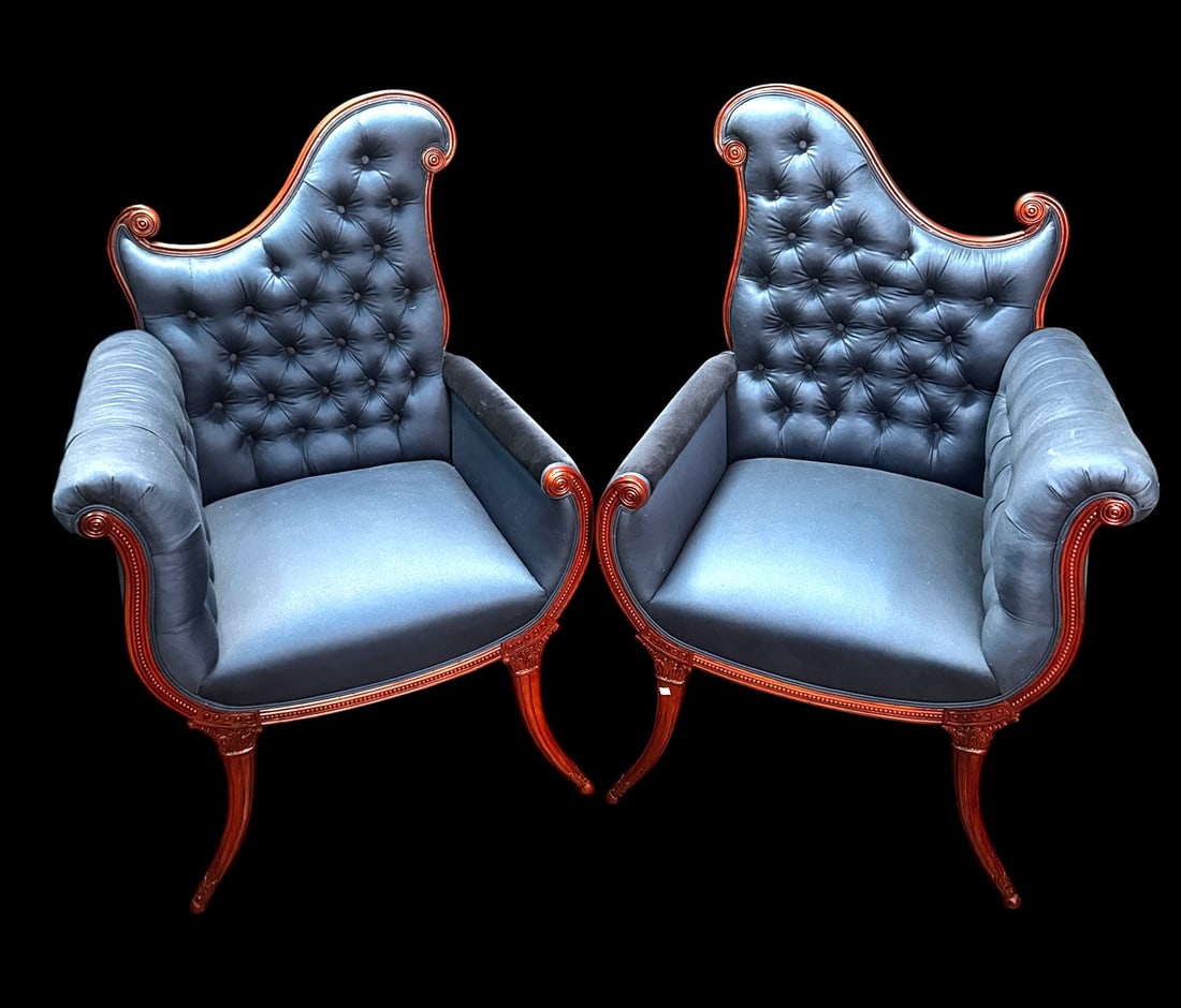 PR OF BLUE WING CHAIRS WITH BUTTON TUFTED: PR OF BLUE WING CHAIRS WITH BUTTON TUFTED UPHOLSTERY Height: 42 in. by Width: 28 in. by Depth: 25