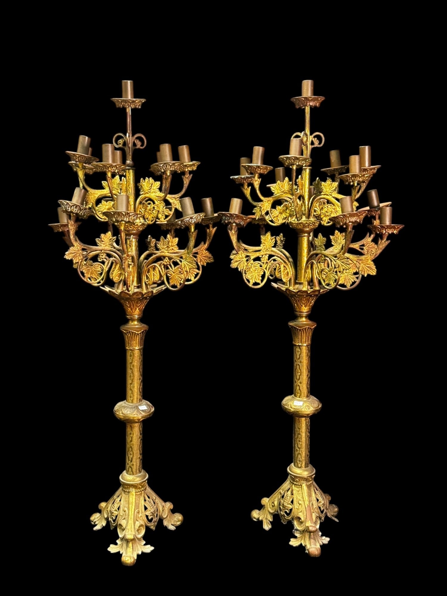 PAIR OF 19TH C FRENCH ECCLESSIASTICAL CANDLESTICKS: PAIR OF 19TH C FRENCH ECCLESSIASTICAL BRASS CANDLESTICKS Height: 41 in. by Width: 15 in. by Depth: 15