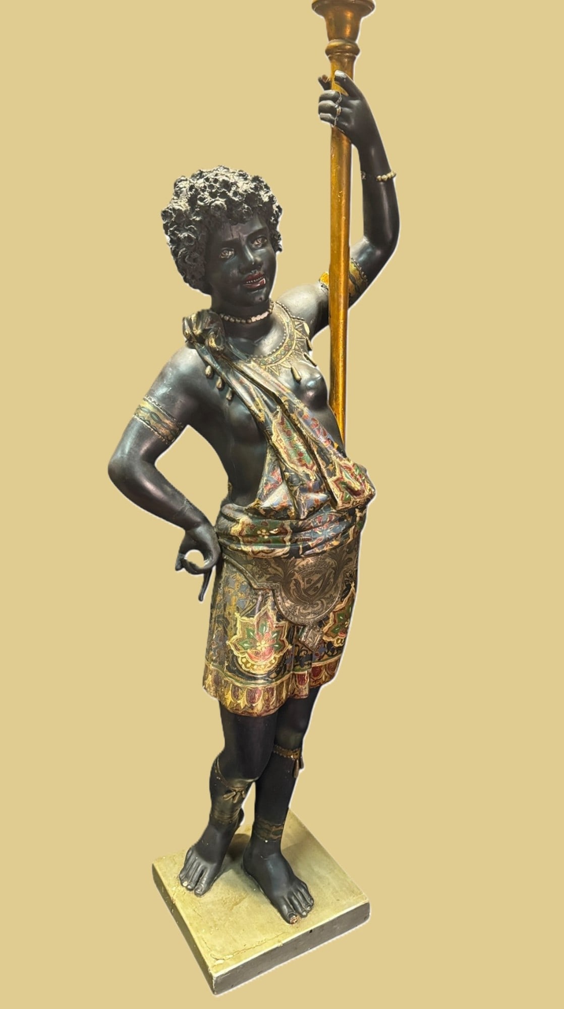 ANTIQUE WOOD CARVED FEMALE POLYCHROME BLACKAMOOR: ANTIQUE WOOD CARVED FEMALE POLYCHROME BLACKAMOOR. Height: 59 in. by Width: 21 in. by Depth: 11.25 in.