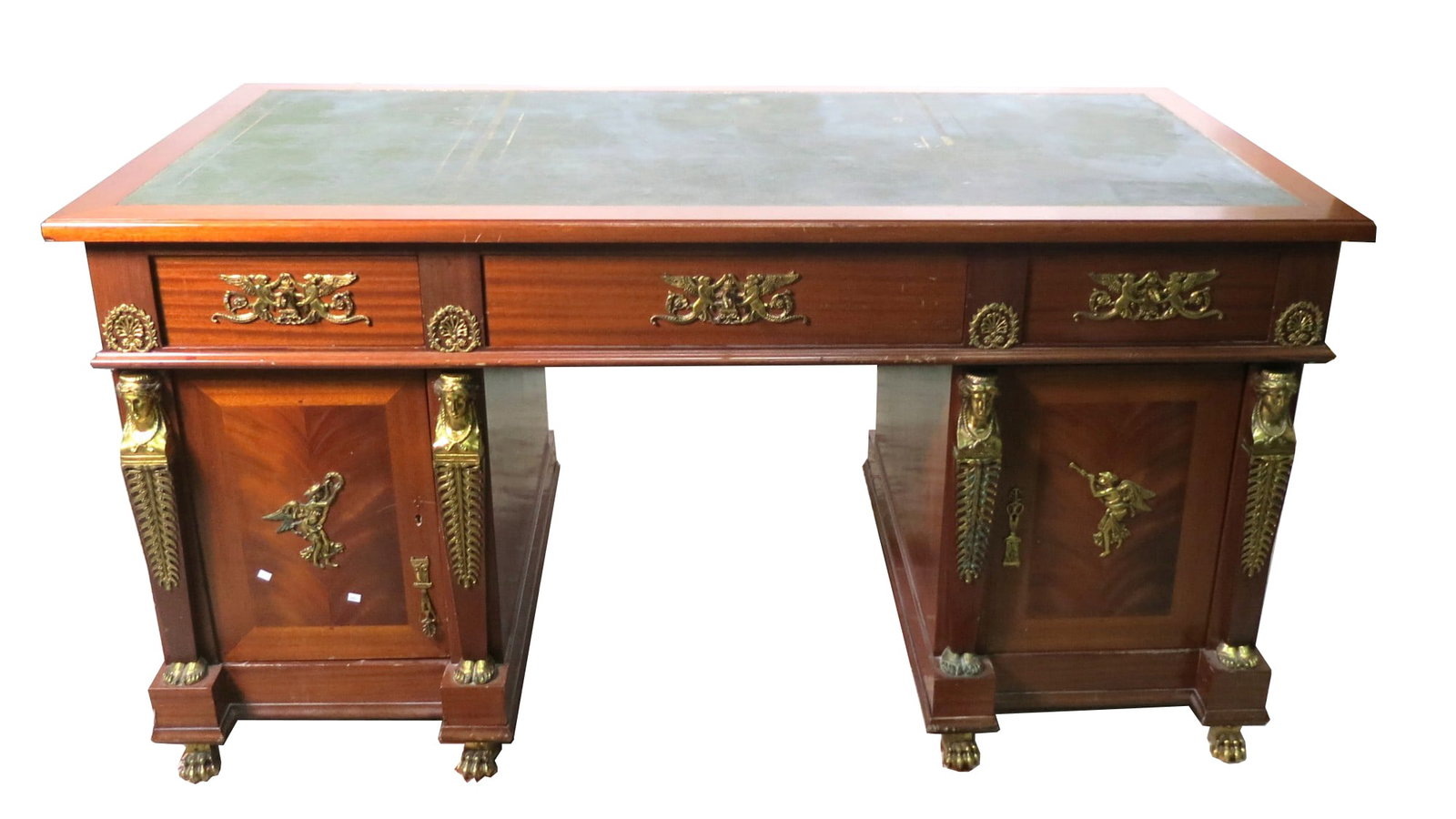 FRENCH EMPIRE DESK W/ GREEN LEATHER TOP: FRENCH EMPIRE DESK W/ GREEN LEATHER TOP. Height: 31 in. by Width: 63 in. by Depth: 33 in.