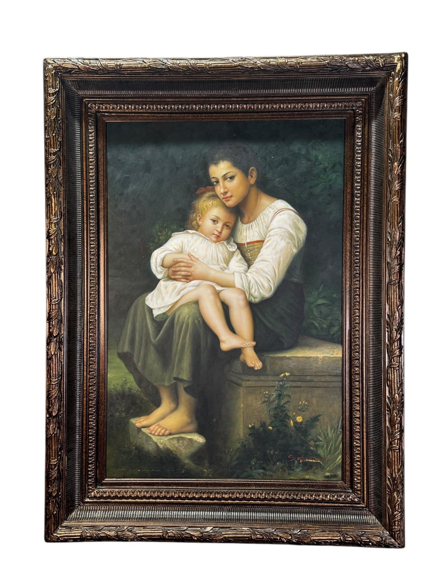 ANTIQUE MOTHER AND CHILD OIL ON CANVAS PAINTING: ANTIQUE MOTHER AND CHILD OIL ON CANVAS PAINTING. Height: 48 in. by Width: 35 in. by Depth: 3 in.