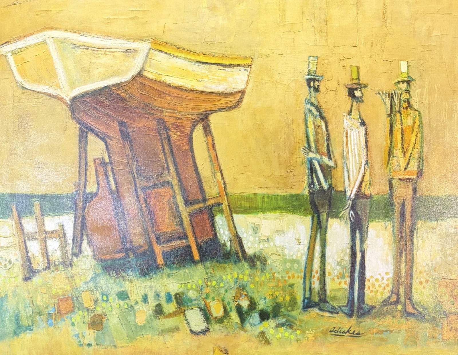 DAVID ADICKES "THREE FRIENDS BY A BOAT" GILCEE: DAVID ADICKES "THREE FRIENDS BY A BOAT" GILCEE. Height: 36 in. by Width: 48 in.