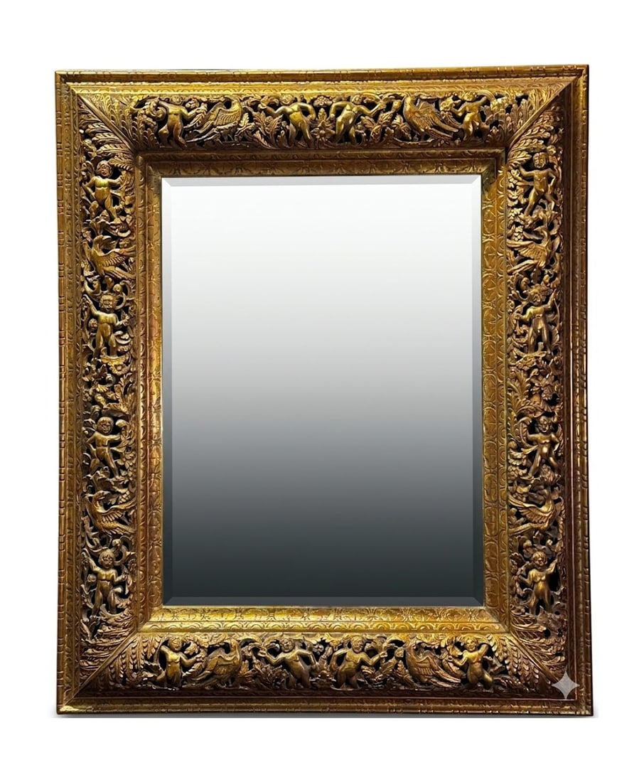 WOOD CARVED AND GILT MIRROR WITH PUTTI'S AND BIRDS (1 of 6)