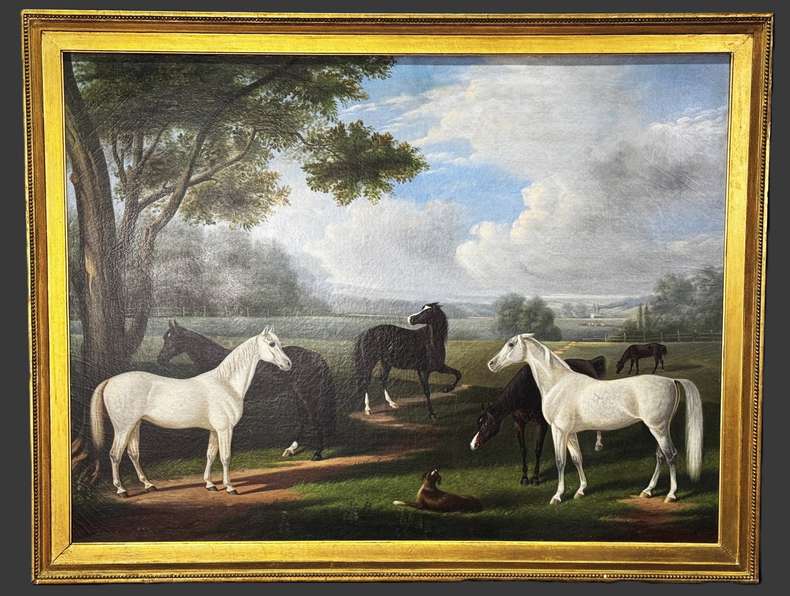 ANTIQUE EQUESTRIAN PAINTING OIL ON CANVAS: ANTIQUE EQUESTRIAN LANDSCAPE PAINTING OIL ON CANVAS DEPICTING 6 HORSES AND A DOG SUBTLETY, YOU CAN SEE THE HORSE TALKING TO ONE ANOTHER , THE WHITE ONE ON THE RIGHT IS NOT HAPPY WITH HER EARS PULLED