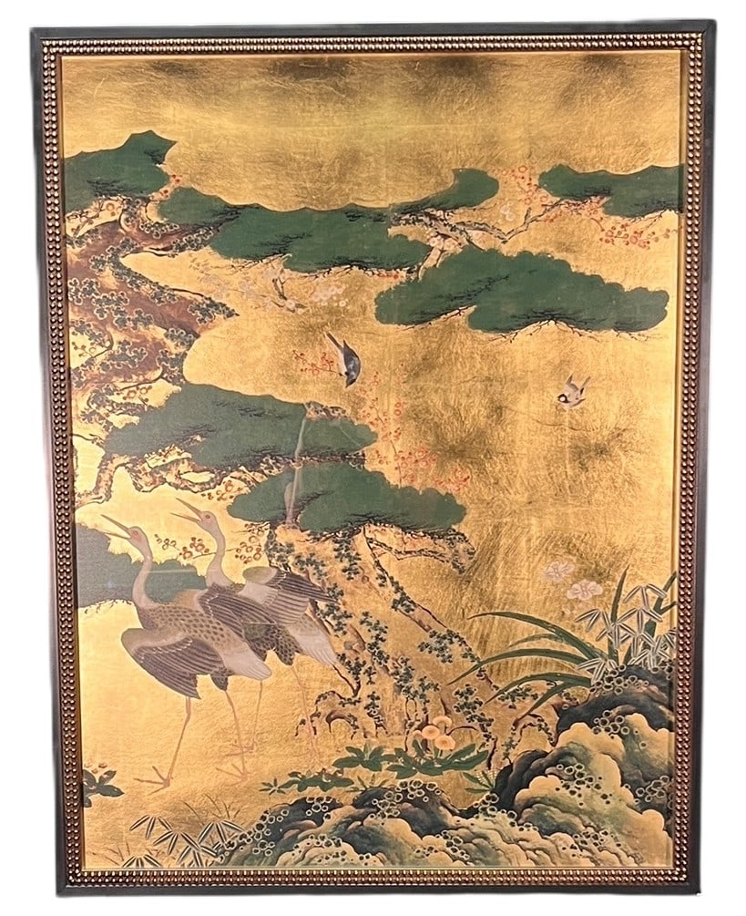 BIRDS AND FLOWERS OF THE FOUR SEASONS JAPAN: REVERSE PAINTED GLASS "BIRDS AND FLOWERS OF THE FOUR SEASONS JAPAN". Height: 38 in. by Width: 28 in. by Depth: 1 IN.